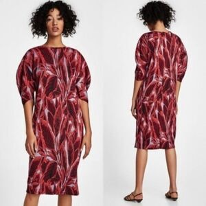 Zara Red Palm Leaf Print Jacquard Knit Dolman Sleeve Midi Dress NWT